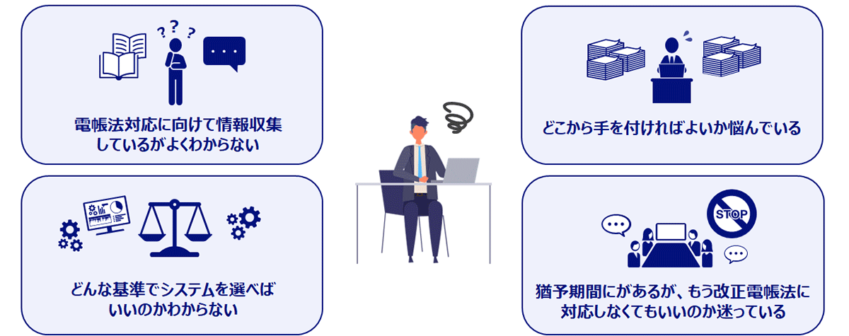 電帳法対応に向けて情報収集しているがよくわからない いつから手を付けるべきか悩んでいる どんな基準でシステムを選べばいいのかわからない 2年の猶予期間により社内検討が進まなくなってしまった